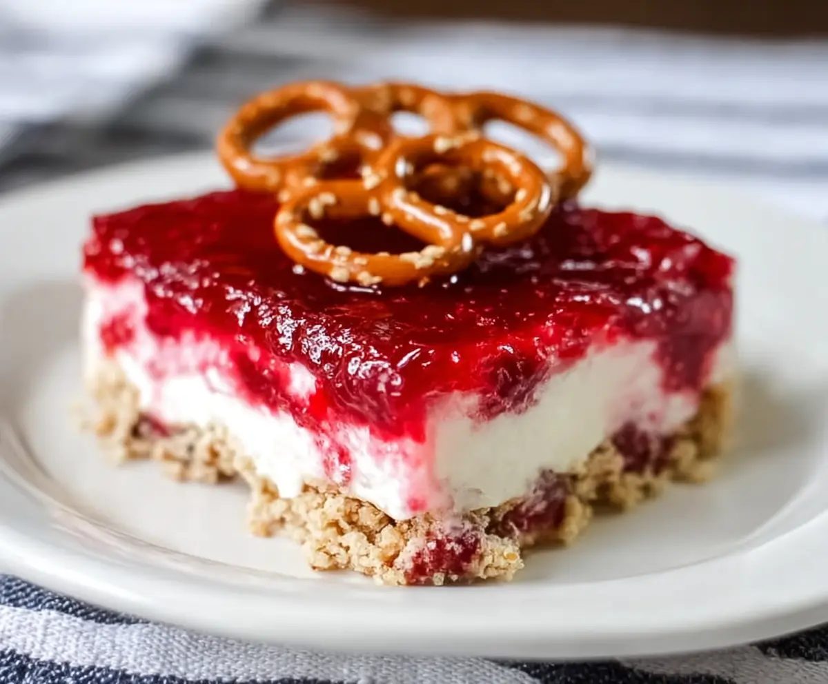 Delicious Raspberry Pretzel Dessert with a crunchy pretzel crust and fresh raspberry topping.