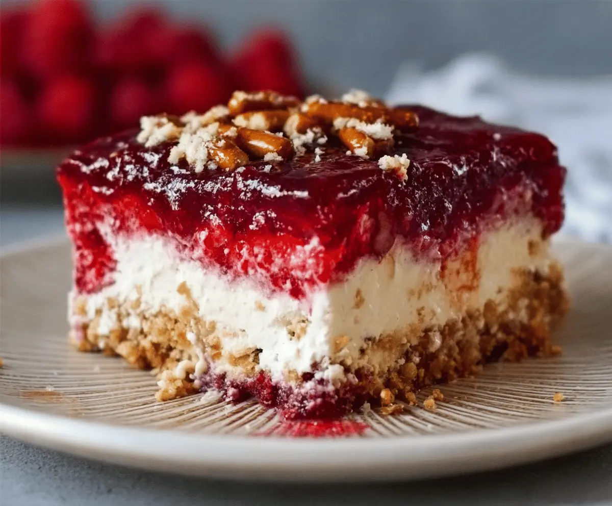 Delicious Raspberry Pretzel Salad Cake with fresh raspberries and creamy topping