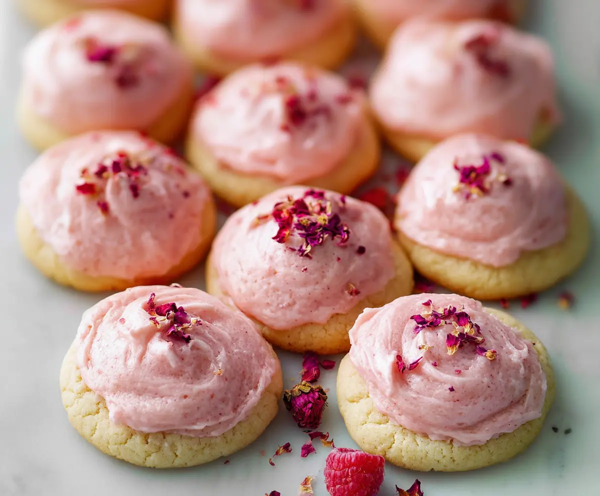 Delicious Raspberry Rose Cookies with pink glaze and rose petals on a decorative plate