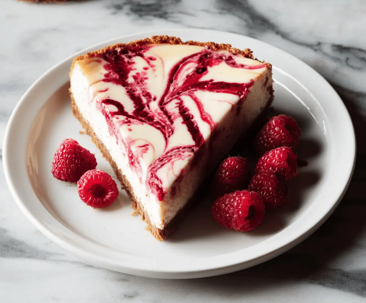Delicious Raspberry Swirl Cheesecake with vibrant berry streaks and creamy texture.