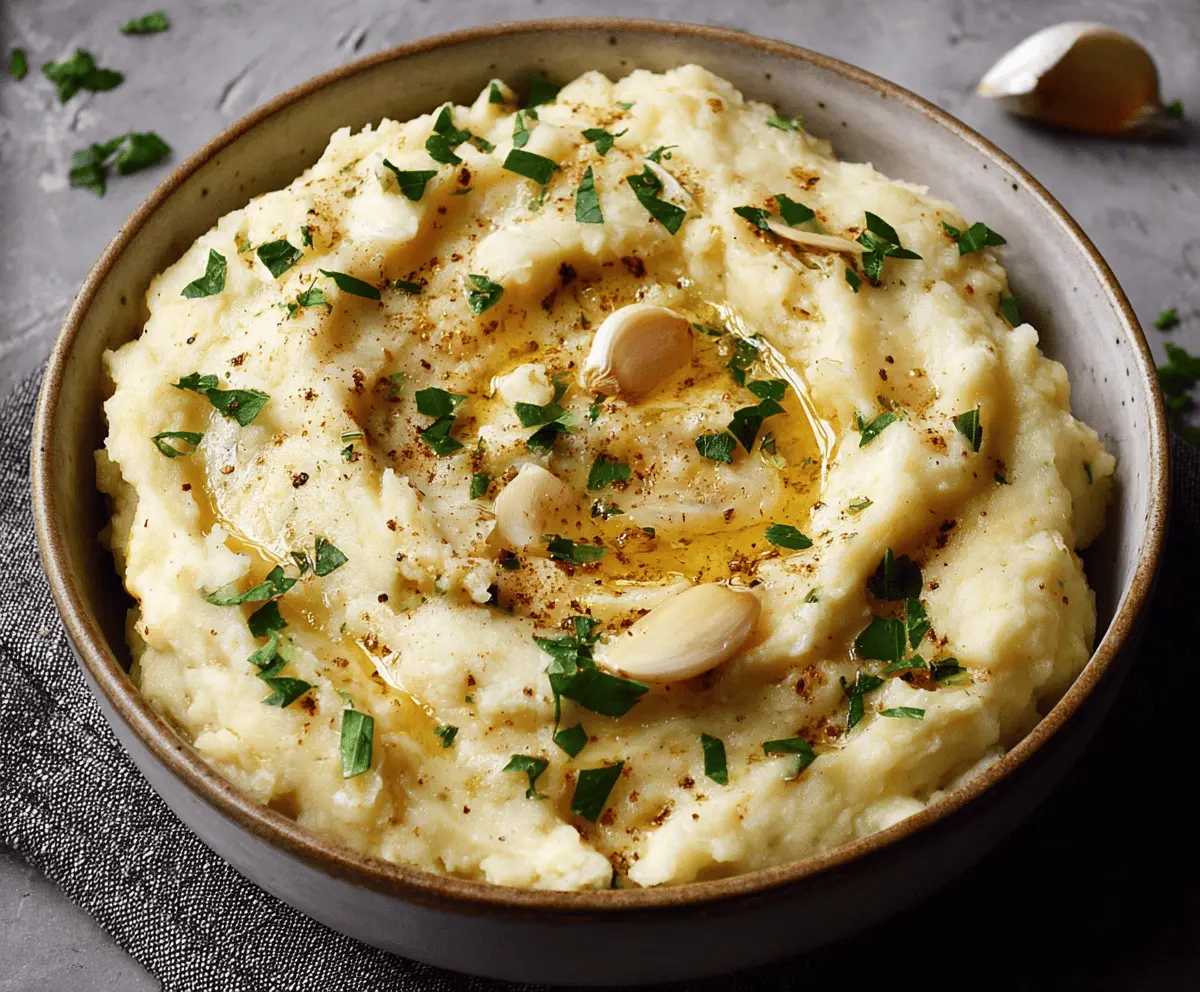 Creamy roasted garlic mashed potatoes served in a rustic bowl, perfect for comfort food lovers.