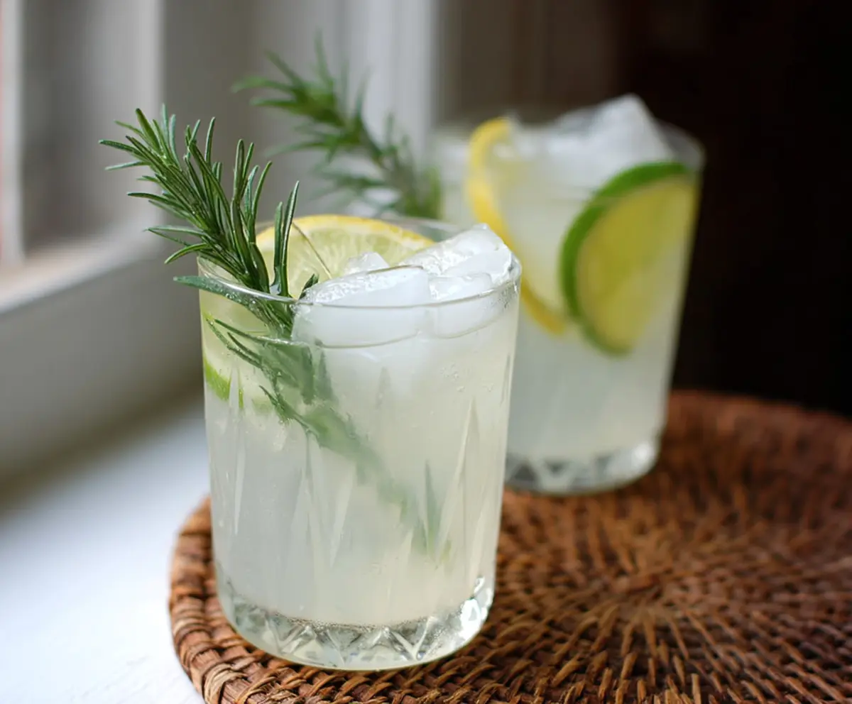 Refreshing Rosemary Gin Fizz cocktail garnished with fresh rosemary and lemon slice.