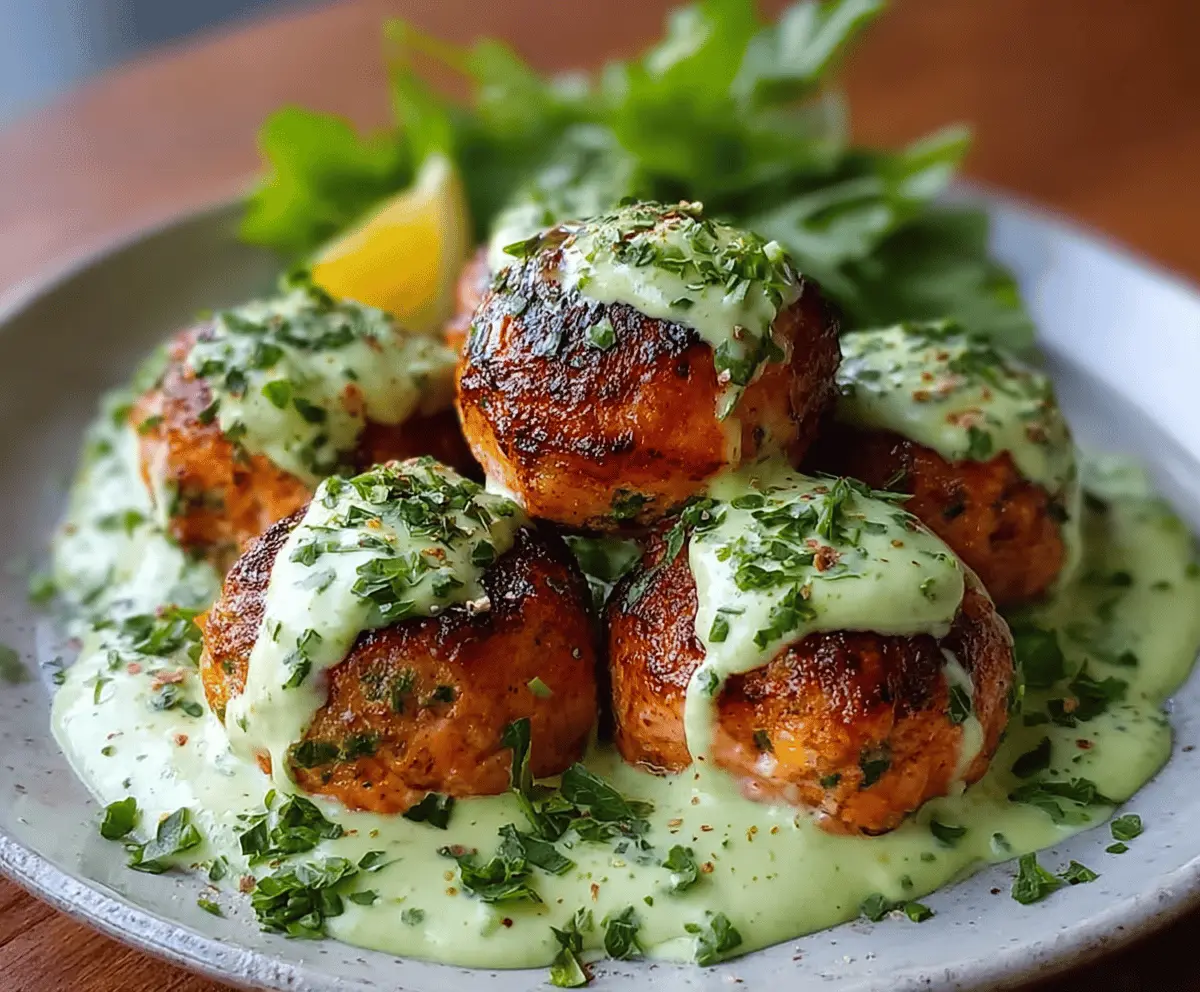 Delicious salmon balls served with a creamy avocado sauce, perfect for a healthy appetizer or main dish.