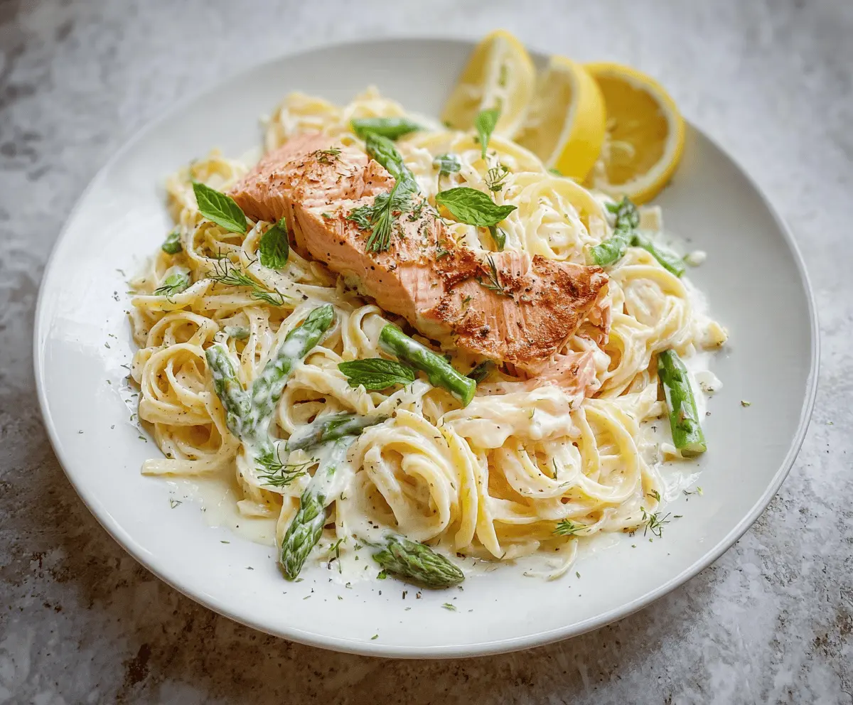 Delicious salmon pasta with creamy lemon sauce on a white plate, garnished with fresh herbs.