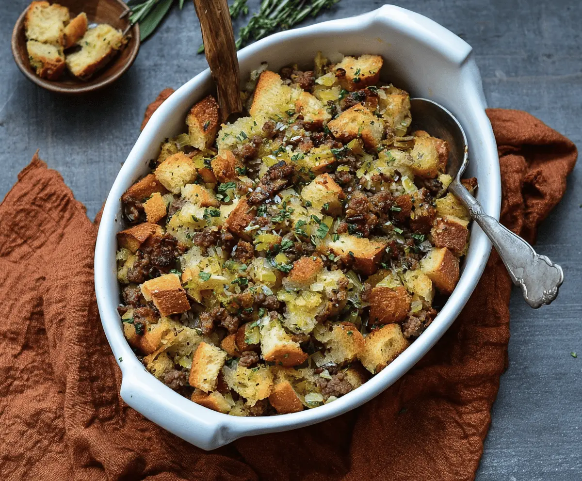 Delicious sausage and herb stuffing in a serving bowl, perfect for holiday dinners.