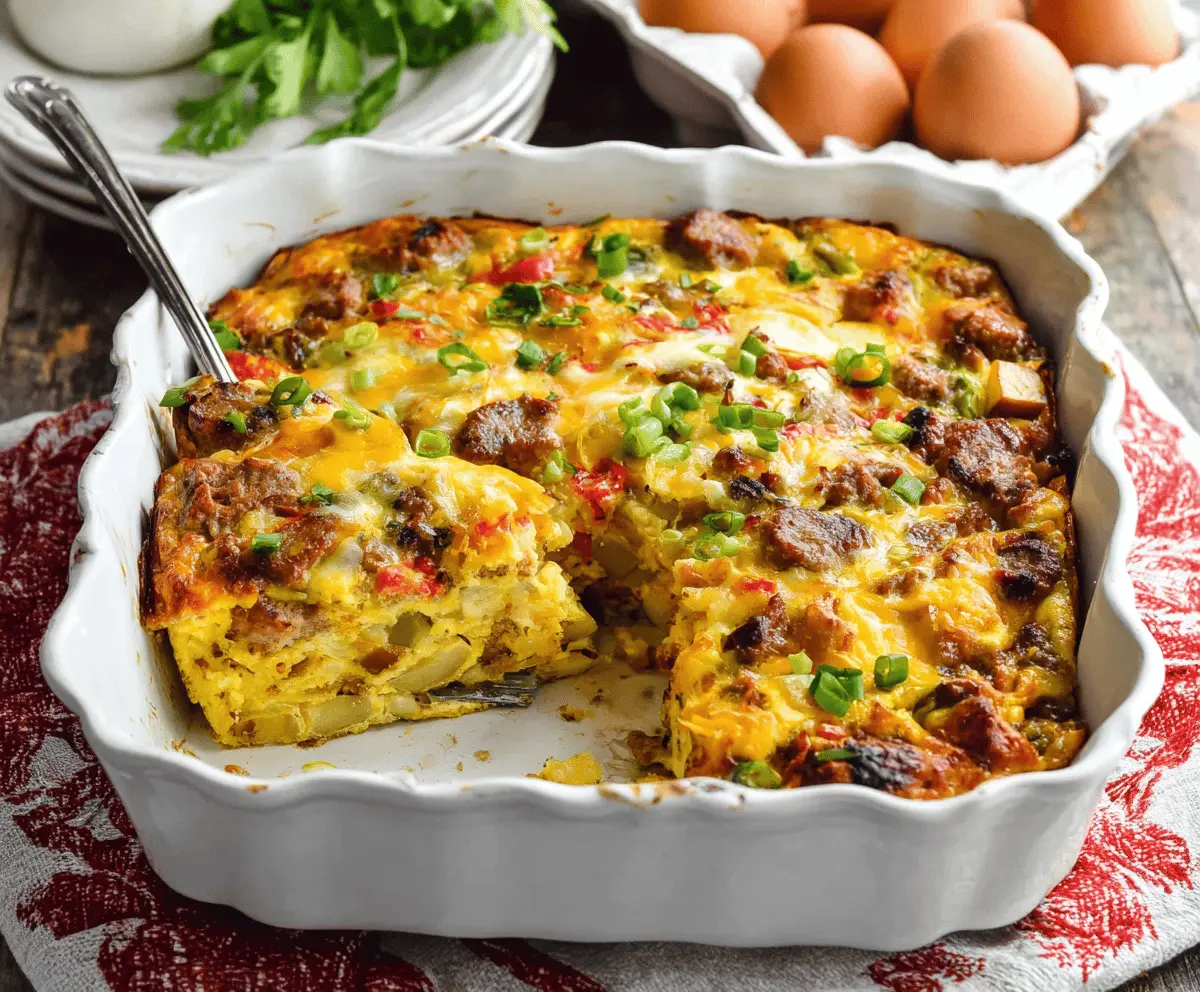 Delicious sausage, egg, and potato breakfast casserole in a baking dish.