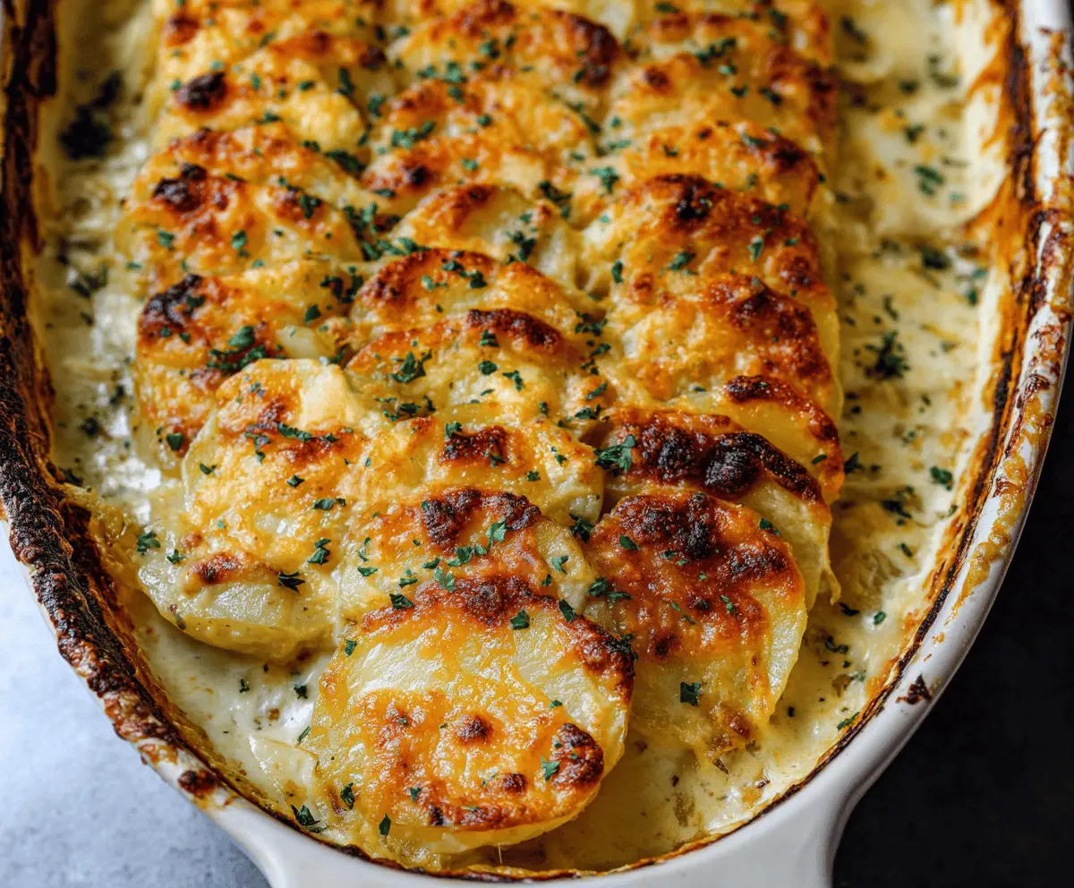 Creamy scalloped potatoes baked to perfection with golden cheese topping, served as a comforting side dish.