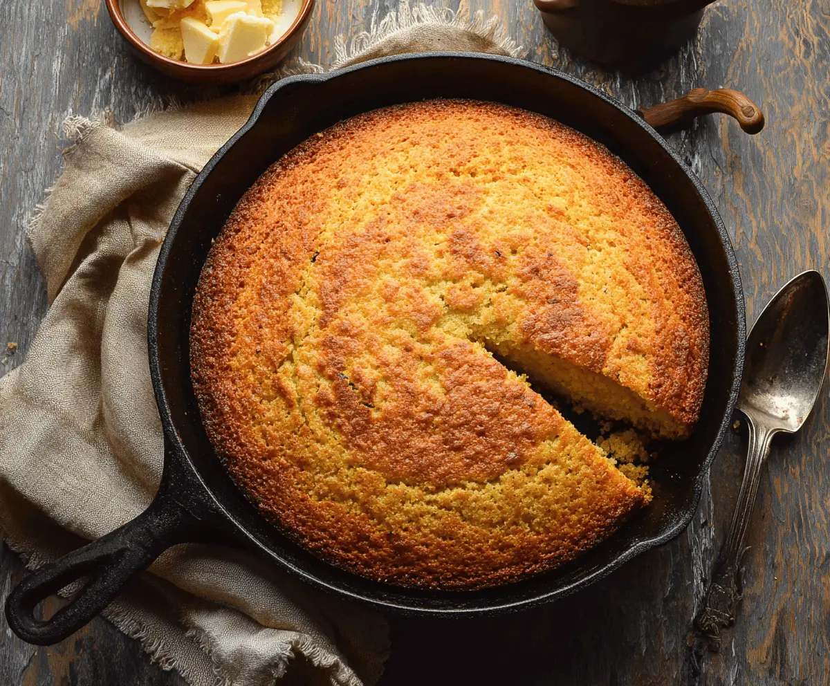 Delicious homemade skillet cornbread with golden crust served on a rustic wooden table