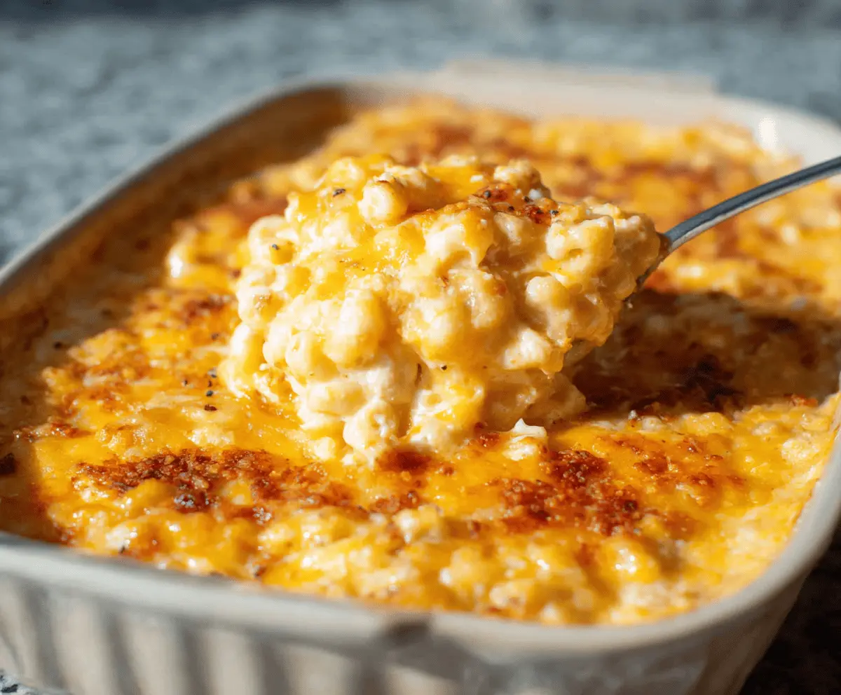 Creamy Southern baked mac and cheese with a golden crust, served in a rustic casserole dish.
