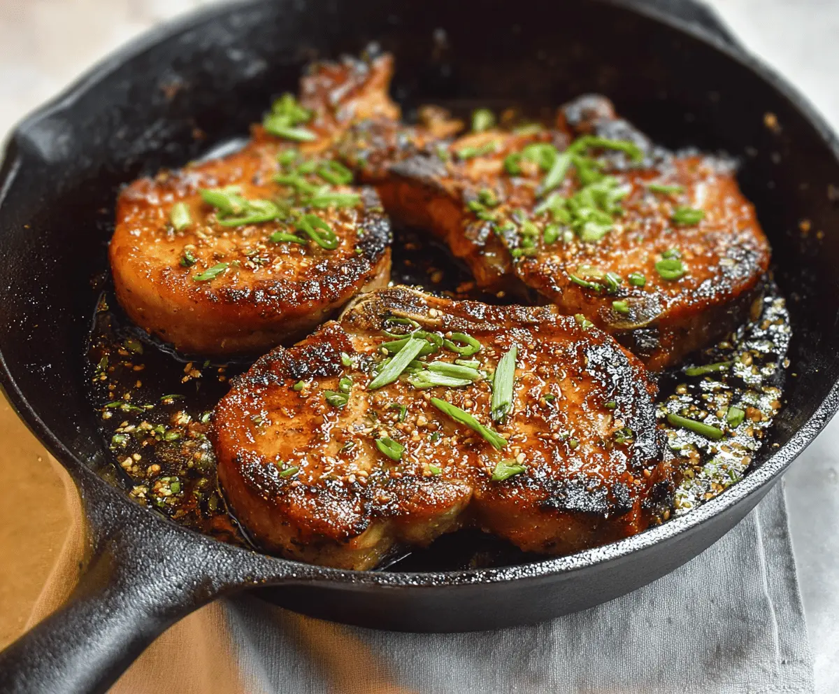 Juicy soy garlic glazed pork chops served on a white plate with fresh herbs.