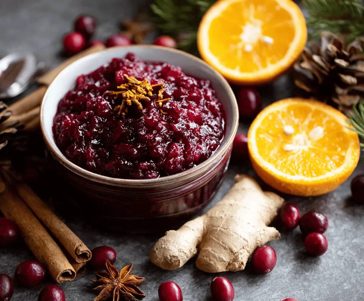Vibrant spiced cranberry sauce with orange and ginger served in a bowl.