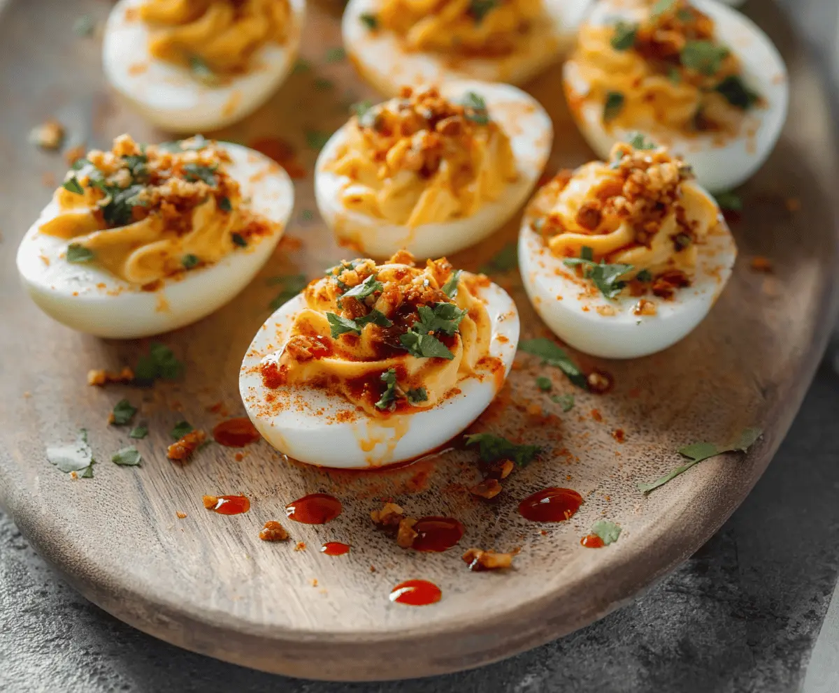 Delicious spicy chili garlic deviled eggs garnished with herbs, perfect for a flavorful appetizer.