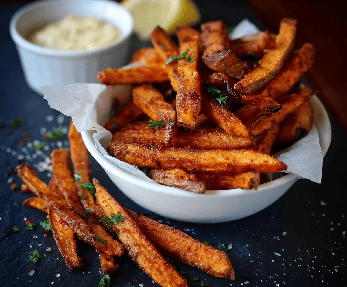 Crispy spicy garlic sweet potato fries served in a bowl, garnished with fresh herbs