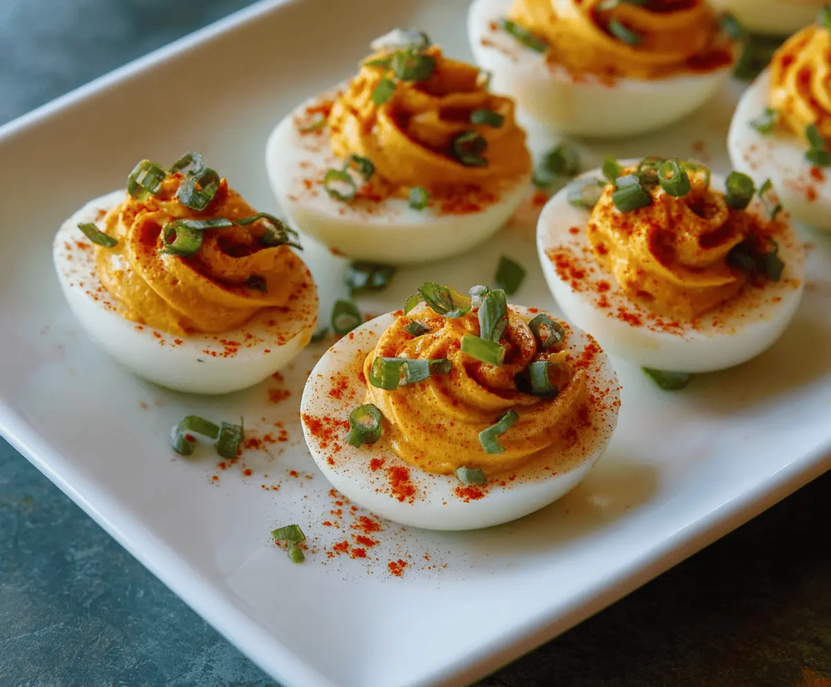 Delicious spicy Sriracha deviled eggs garnished with paprika and chives on a white plate
