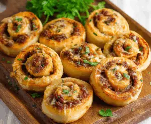Delicious Sun-Dried Tomato Pesto Pinwheels on a wooden platter, showcasing flaky pastry spirals filled with vibrant pesto.