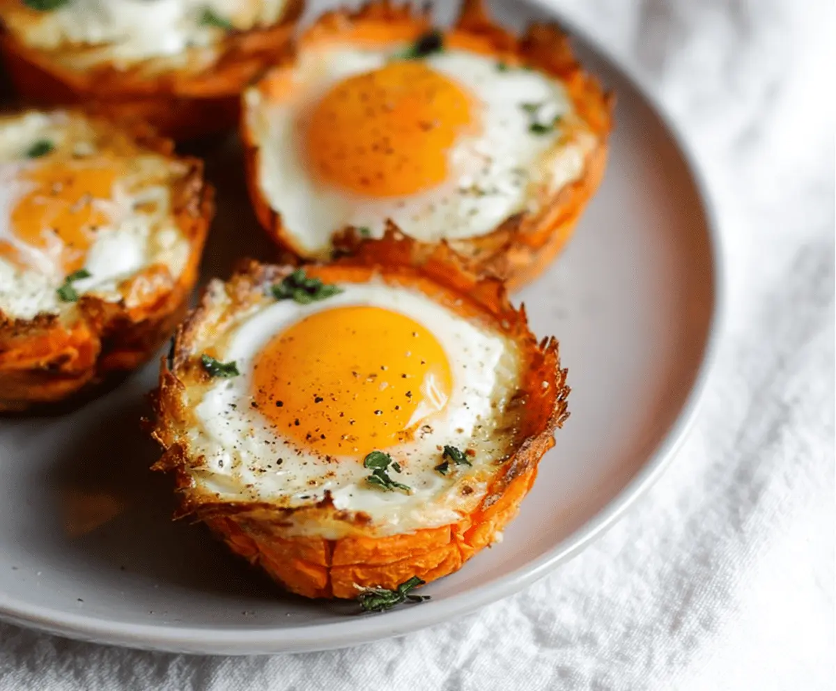 Healthy sweet potato baked egg cups filled with vegetables for a nutritious breakfast