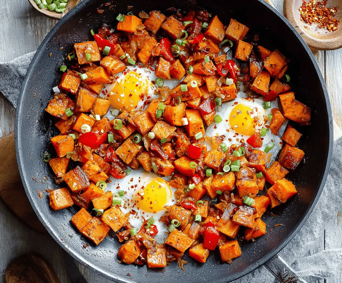 Colorful sweet potato breakfast hash with eggs and vegetables on a plate