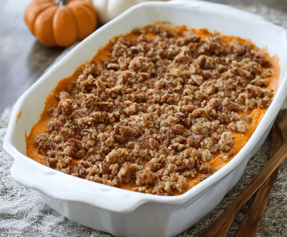Delicious sweet potato casserole topped with crunchy pecan streusel, perfect for holiday dinners.