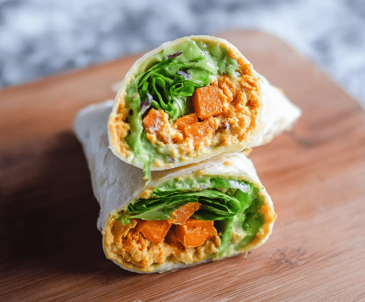 Healthy sweet potato hummus wrap filled with fresh vegetables and whole grain tortilla.