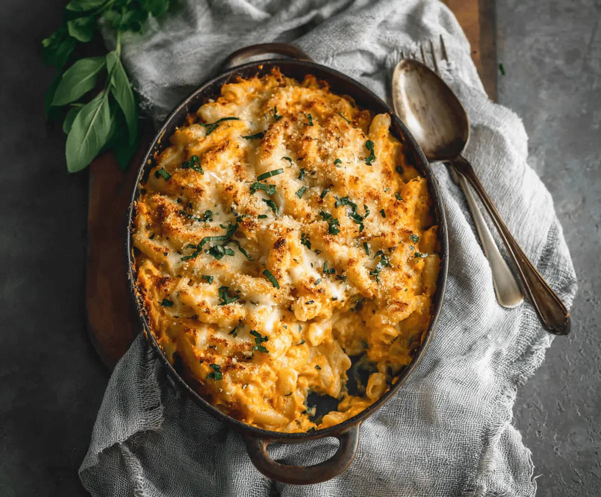 Creamy sweet potato mac and cheese served in a bowl, garnished with herbs.