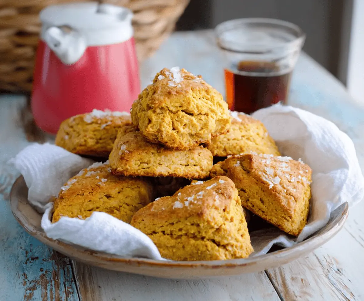 Delicious homemade sweet potato scones on a rustic plate, perfect for breakfast or snack.
