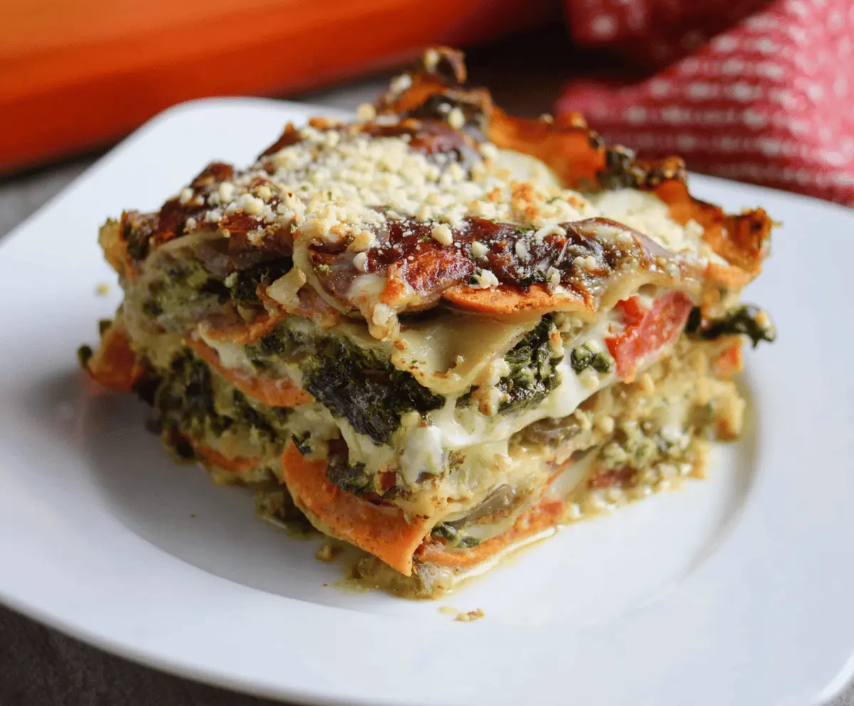 Delicious sweet potato spinach lasagna layered with cheese and herbs, perfect for a healthy dinner.