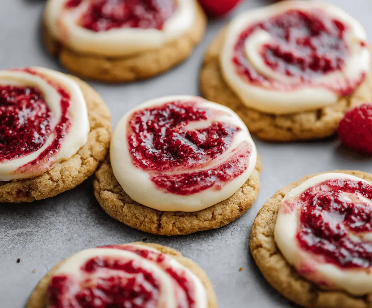 Delicious swirled raspberry cheesecake cookies with vibrant berry swirls and creamy texture.