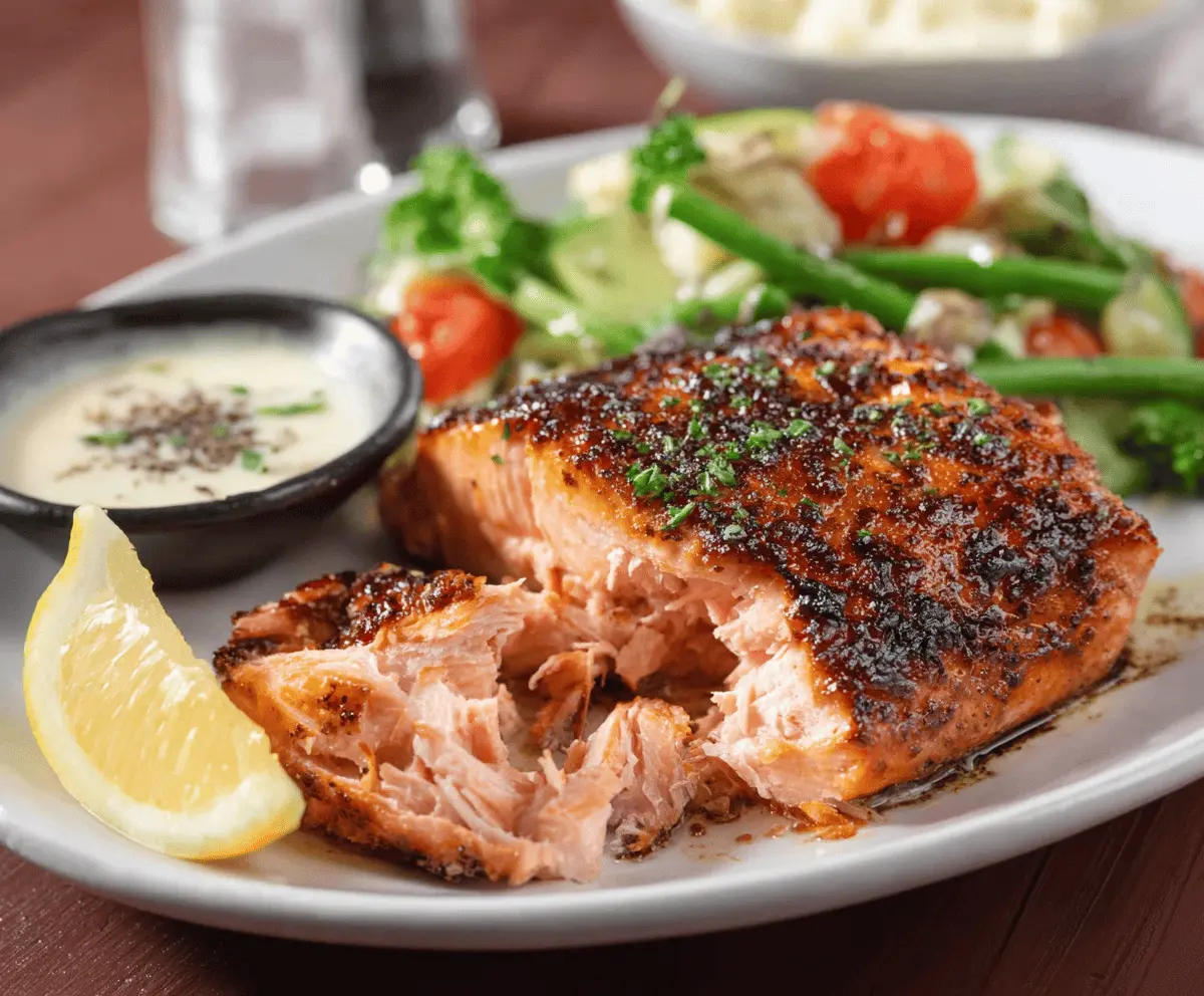 Delicious grilled Texas Roadhouse salmon served with fresh lemon and herbs.