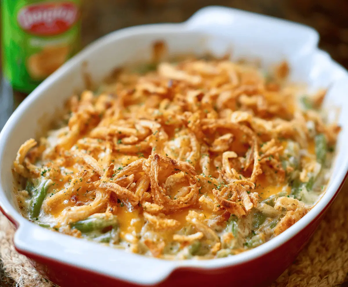 Delicious green bean casserole with crispy potatoes and golden topping, perfect for holiday dinners