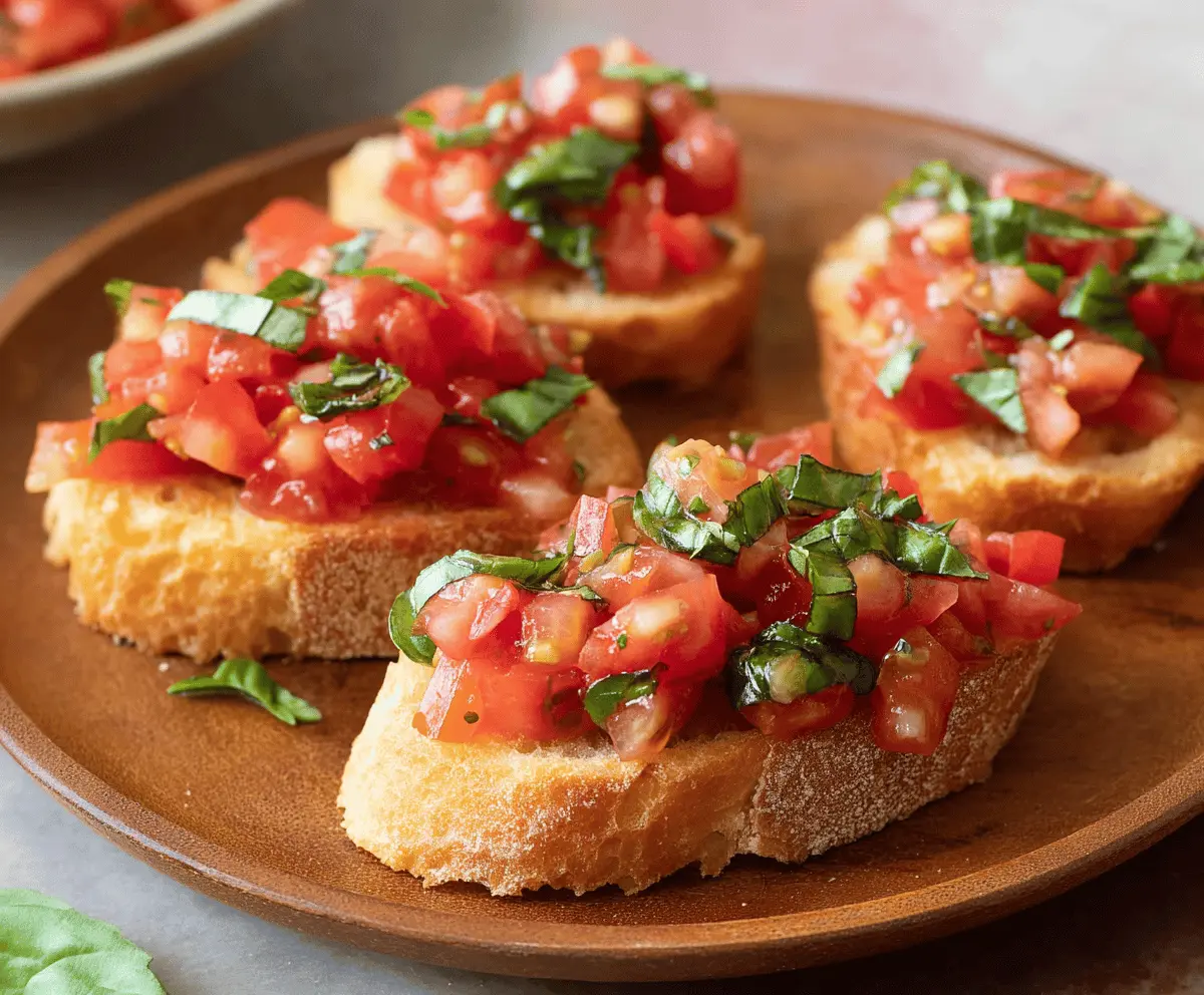 Fresh Tomato Basil Bruschetta with toasted baguette slices and aromatic herbs, perfect for appetizers.