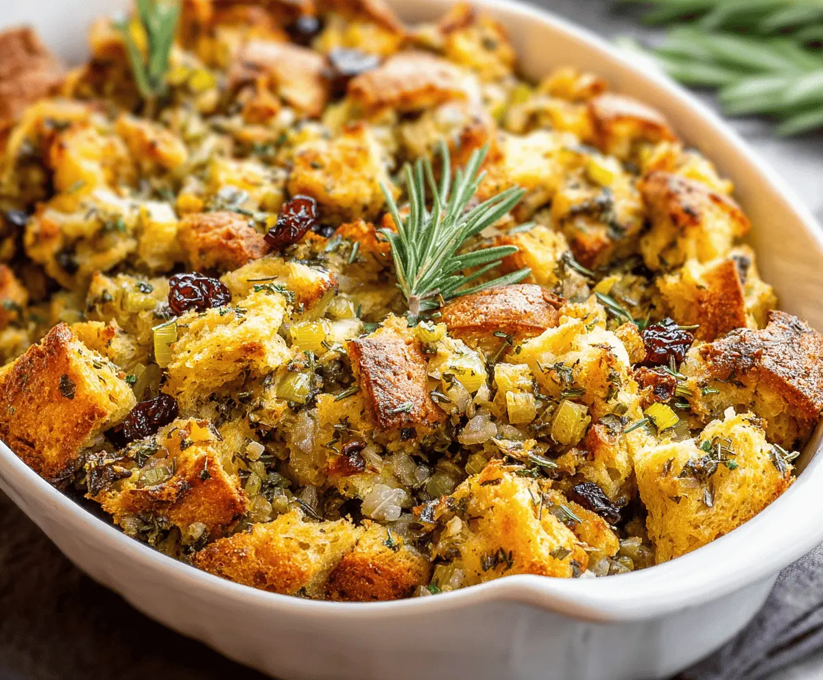 Delicious traditional Thanksgiving stuffing made with bread, herbs, and spices served on a festive holiday table.