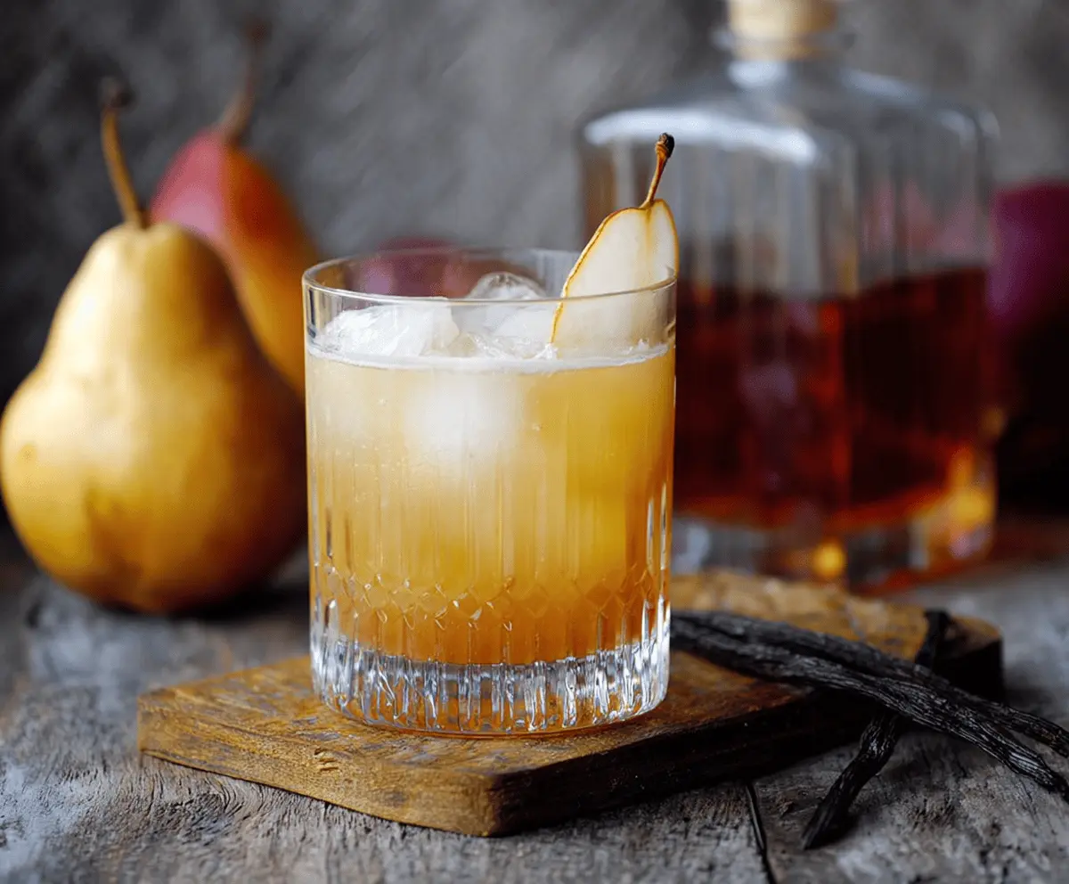 Elegant Vanilla Pear Bourbon Cocktail garnished with a pear slice in a chic cocktail glass.
