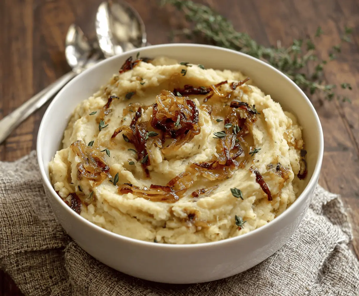 Creamy vegan mashed potatoes topped with caramelized onions, perfect for a comforting plant-based meal.