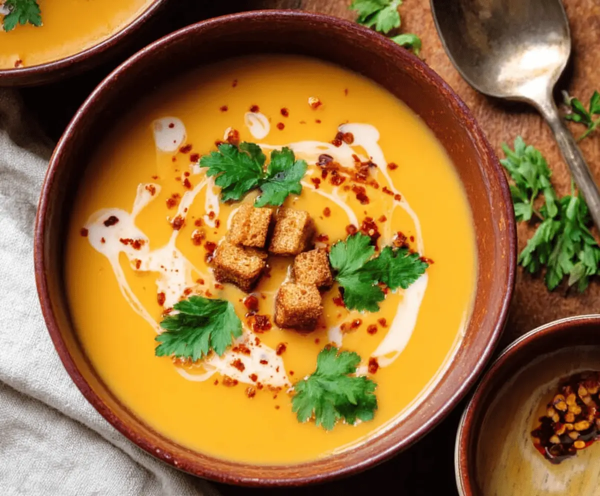 Creamy vegan sweet potato soup garnished with fresh herbs in a white bowl, perfect for a comforting meal.