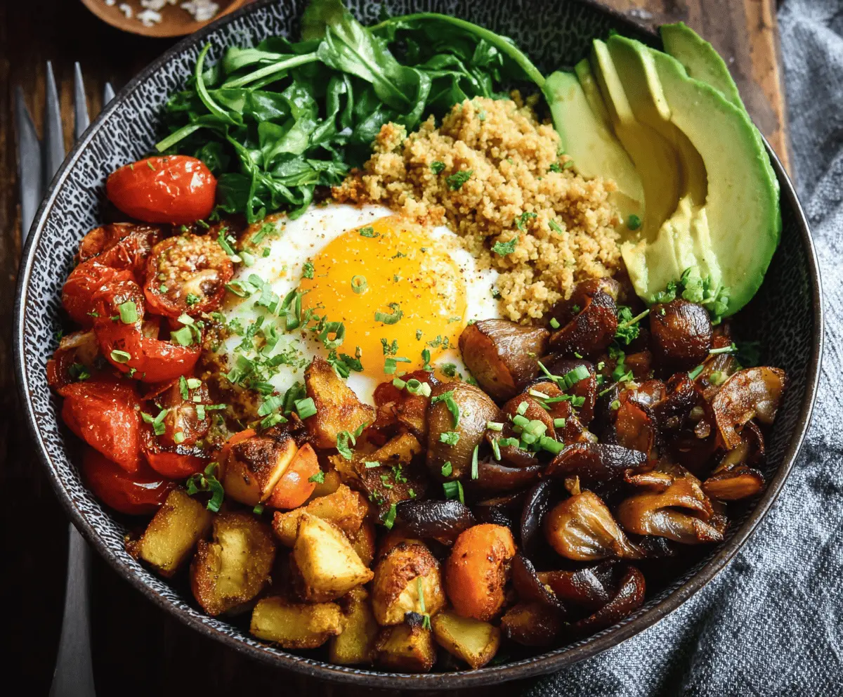 Colorful veggie breakfast bowl with fresh vegetables, eggs, and herbs for a healthy start to the day