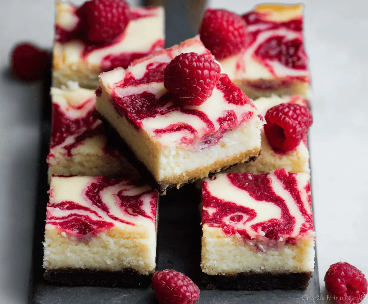 Delicious White Chocolate Raspberry Cheesecake Bars with a creamy texture and fresh raspberry topping
