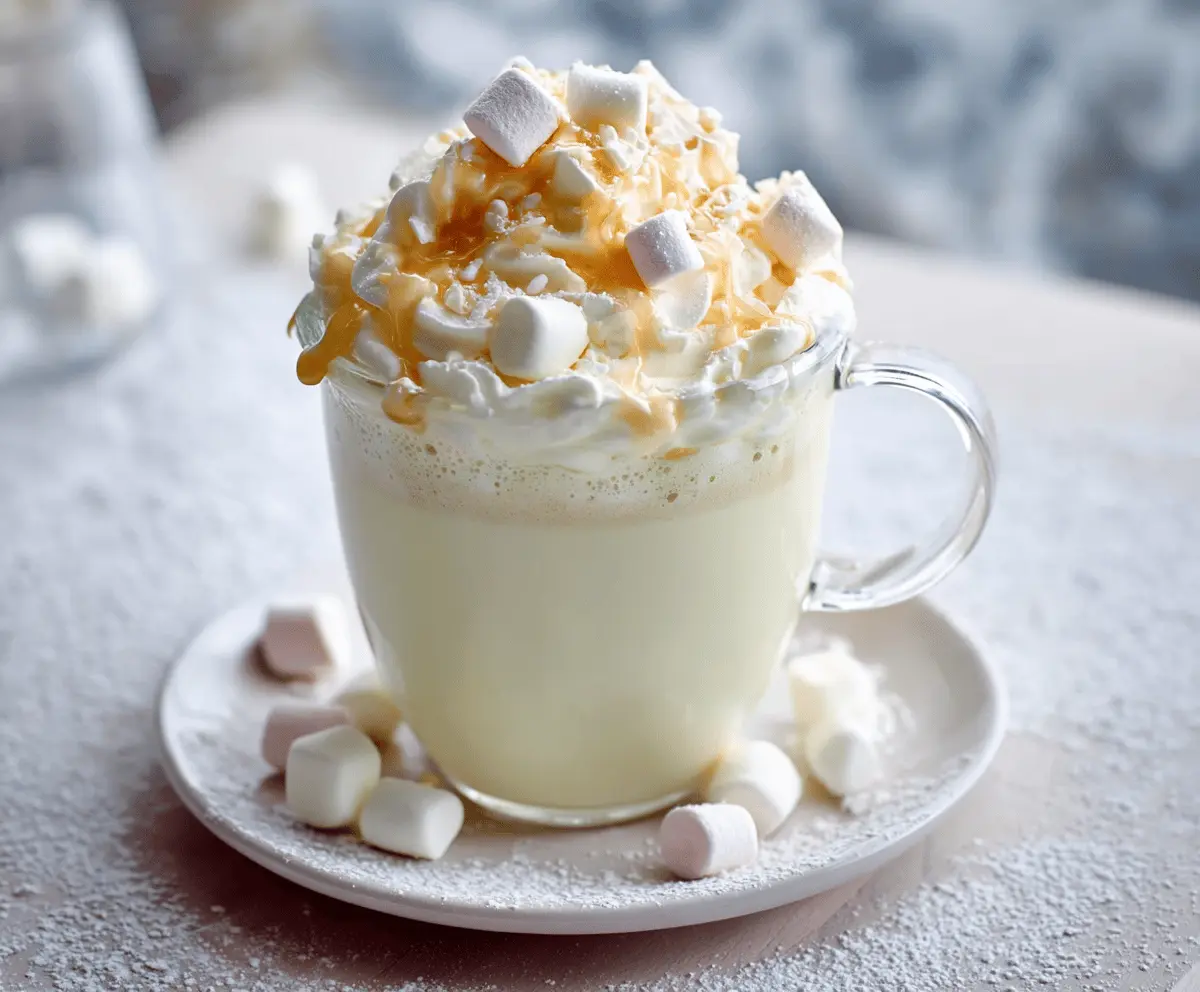 Creamy white hot chocolate topped with whipped cream in a cozy mug perfect for winter days
