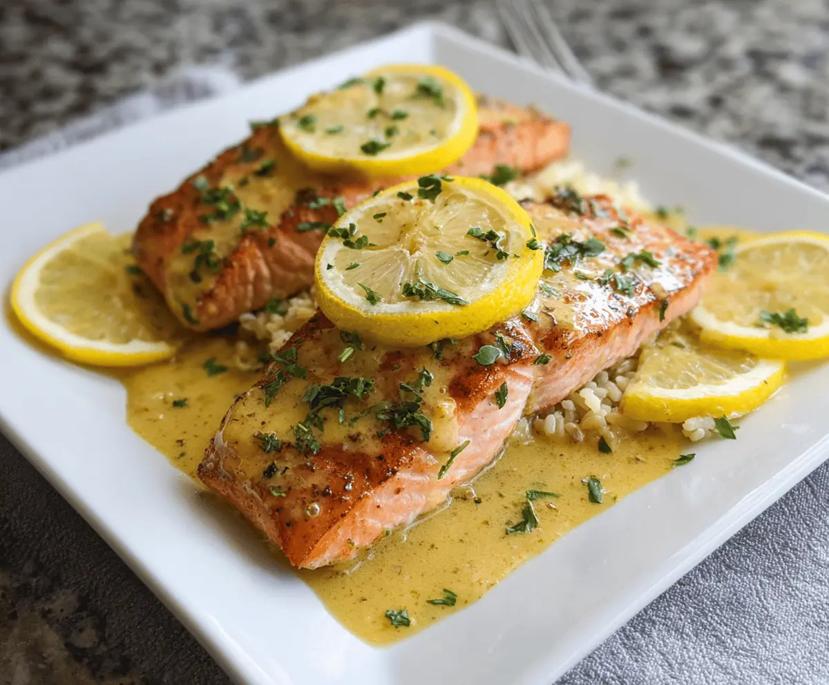 Delicious Zesty Lemon Dijon Salmon served on a plate, garnished with fresh herbs