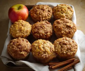 Fresh apple cinnamon oat muffins on a baking tray, perfect for breakfast or snacks.