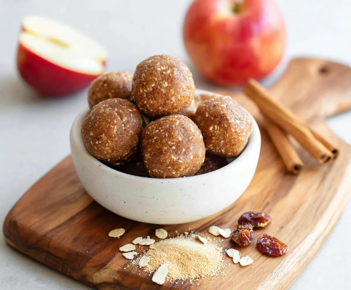 Delicious Apple Pie Protein Bites served in a clear bowl showcasing a nutritious snack with fresh apple slices.