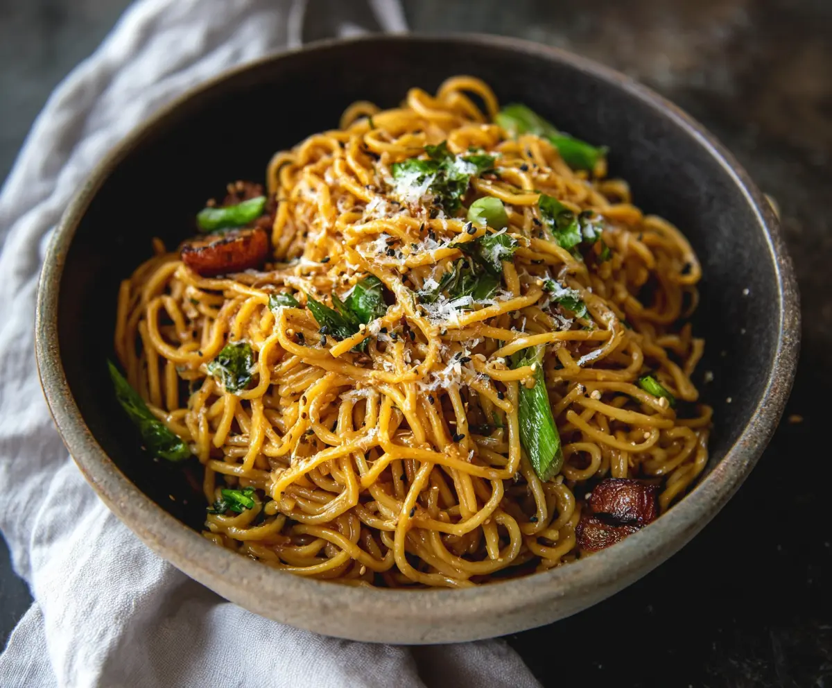 Delicious Asian Garlic Noodles with fresh vegetables and garlic sauce