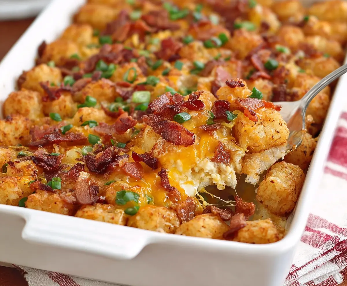 Delicious bacon, eggs, and crispy tater tot casserole served in a baking dish.