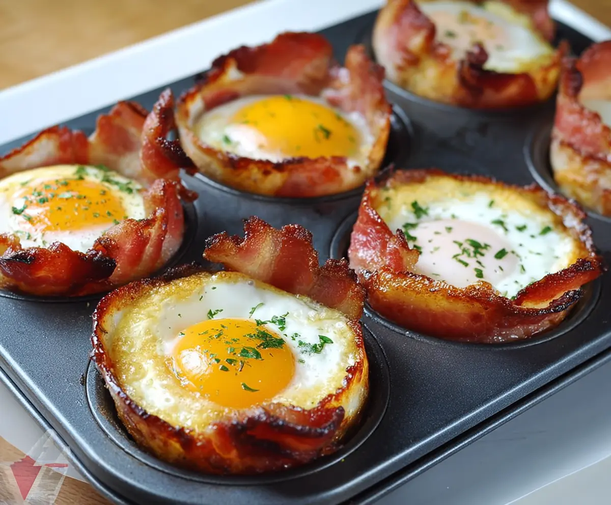 Delicious bacon and egg breakfast cups served in a muffin tin for a hearty morning meal.