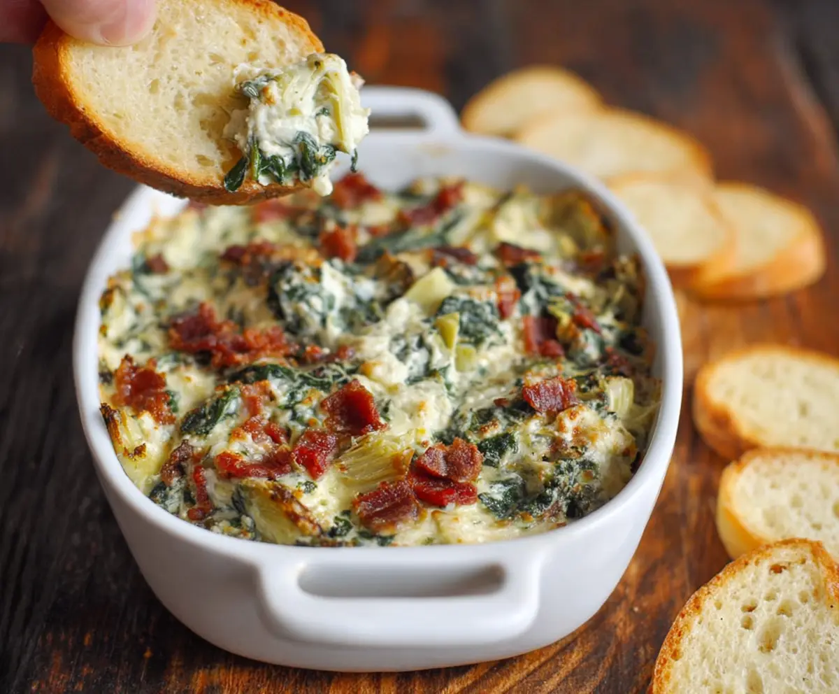 Creamy bacon spinach artichoke dip served in a stylish bowl, perfect for parties and gatherings.