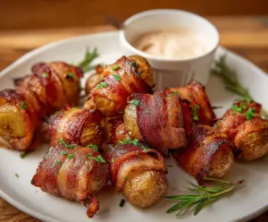 Golden bacon-wrapped potato bites served on a plate, perfect for snacks or appetizers.