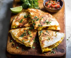 Delicious baked breakfast quesadillas filled with eggs, cheese, and vegetables on a plate.