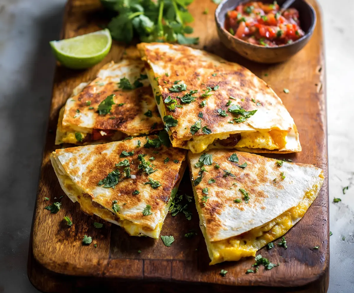 Delicious baked breakfast quesadillas filled with eggs, cheese, and vegetables on a plate.