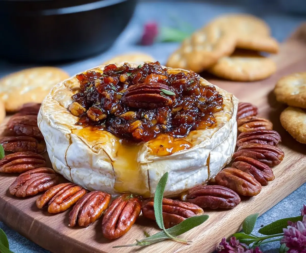 Delicious baked Brie cheese topped with fig jam and crunchy pecans, perfect for appetizer plates.