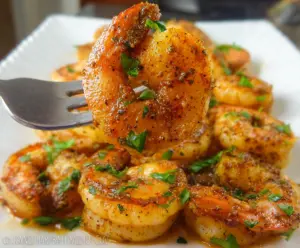 Delicious baked Cajun shrimp served on a plate, garnished with herbs for a spicy seafood dish.