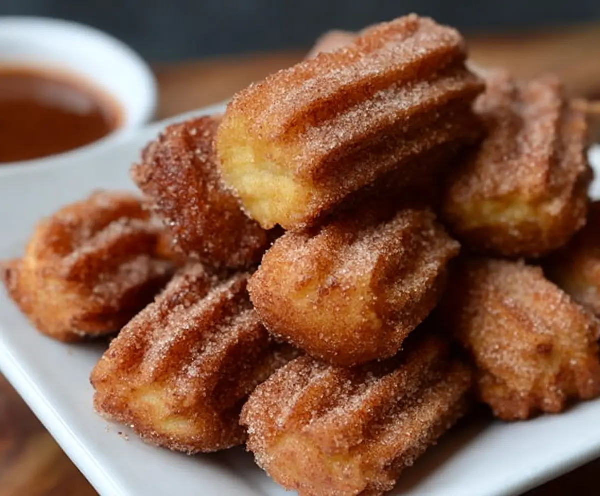 Delicious baked churro bites sprinkled with cinnamon sugar on a plate